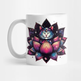 Colorful Abstract Cosmic Cat in Lotus Flower Mug